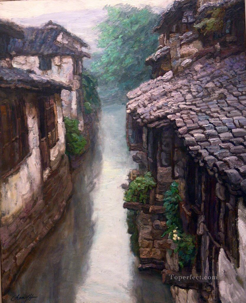 zg053cD146 中国南部の川沿いの町の風景（中国より）油絵